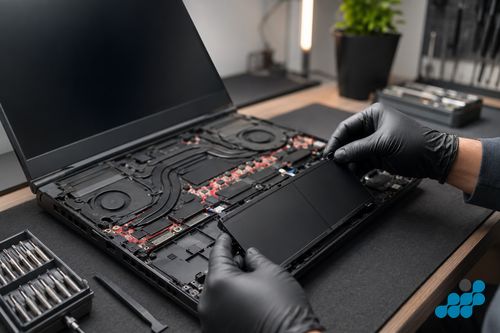 Asus ROG gaming laptop battery replacement on repair bench