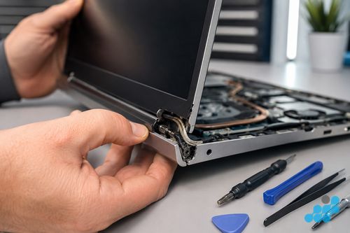 cracked HP Pavilion laptop hinge with visible screen-cable stress