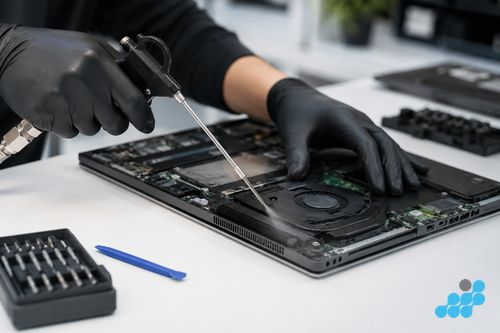 technician cleaning an HP laptop heatsink with compressed air on the repair bench
