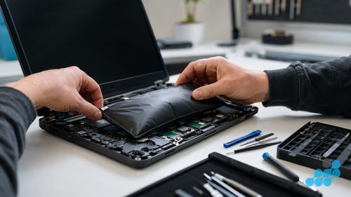 celltech technician removing a swollen Dell Inspiron battery on the repair bench