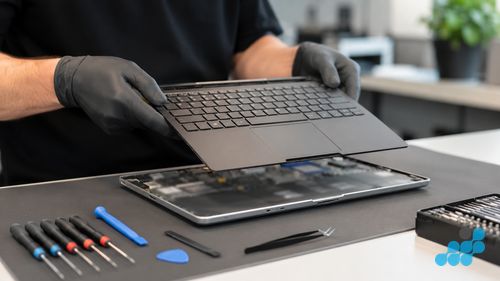 celltech technician removing an Inspiron keyboard deck separately from the palmrest