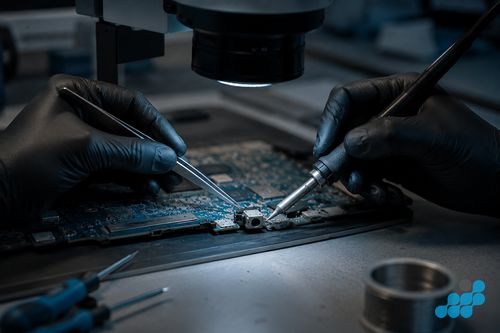 celltech technician resoldering a Dell Inspiron DC jack barrel socket on the motherboard