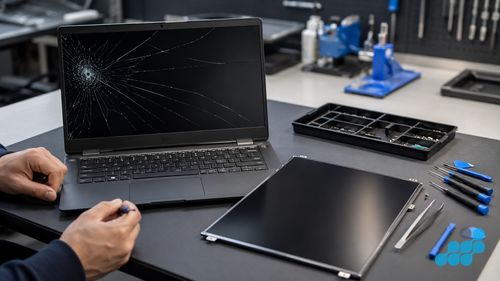 Cracked Inspiron screen beside a fresh IPS panel on the celltech bench