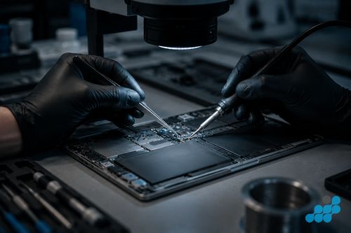 Dell XPS 13 open on the repair bench showing internal battery and USB-C board layout