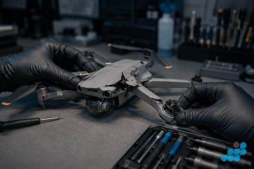 Post-crash DJI Mavic drone with cracked shell and bent motor arm