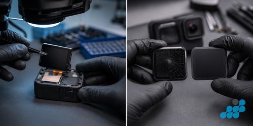 Cracked GoPro Hero screen next to a replacement unit