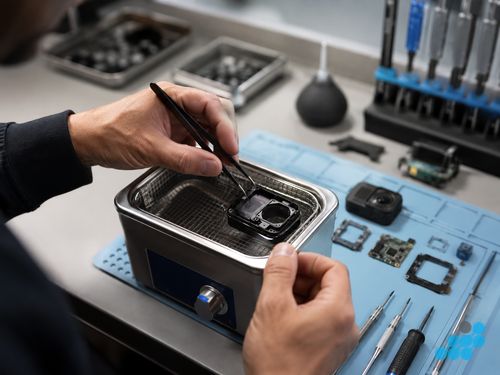 celltech technician ultrasonically cleaning a water-damaged GoPro