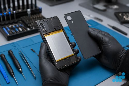 Motorola Razr 50 foldable hinge mechanism being inspected during a screen replacement