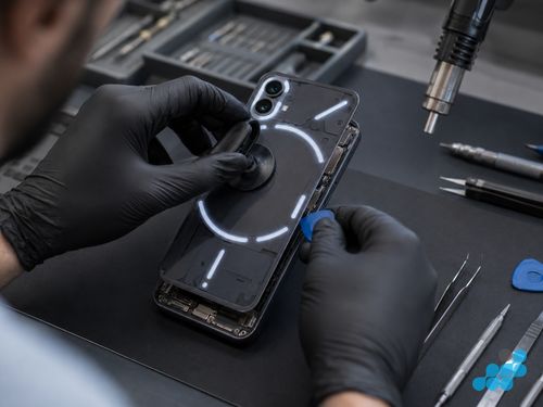 celltech technician heating and removing Nothing Phone back glass before battery replacement
