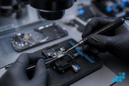 celltech technician micro-soldering a USB-C port onto a Nothing Phone circuit board