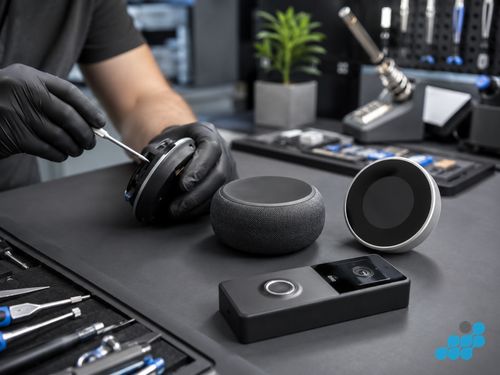 Smart home devices on celltech repair bench — Ring, Nest, Amazon Echo